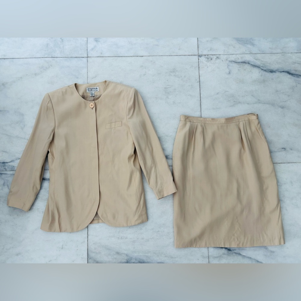 VTG Atrium Collection Skirt Suit Jacket Set Beige Women 14 Office 90s Minimalist